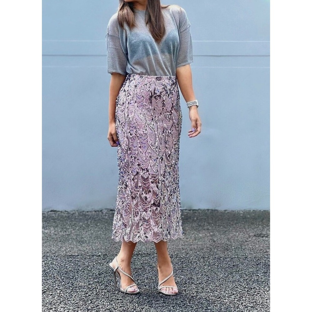 ZARA Iridescent Pink & Purple Sequin Midi Skirt Scalloped Side Slit Party Medium